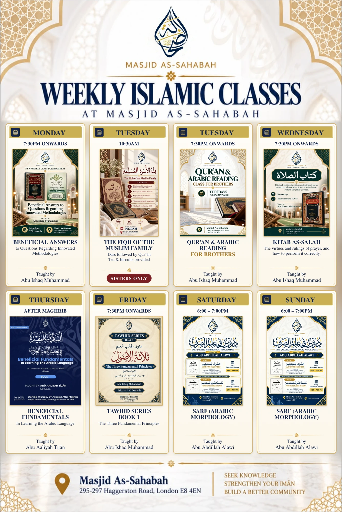 Weekly Islamic classes at Masjid As-Sahabah — Monday to Sunday